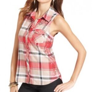 Guess Plaid Button Up Sleeveless Western Shirt M